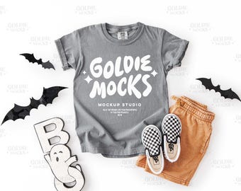 Comfort Colors C9018 Grey Tshirt Mockup | 9018 Grey Youth T-Shirt Mock-up | Real Product Mock | Fun Trendy Halloween Fall Kids Tee Shirt