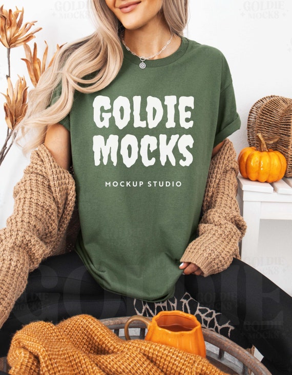 Gildan 5000 Military Green Tshirt Mockup | G500 Green T-shirt Fall Mockup | Real Model Mock | Styled Fall Trendy Halloween Aesthetic Tee
