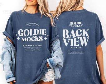 Comfort Colors C1717 Denim Front & Back Shirt Mockup | 1717 Denim Blue T-shirt Back View Mock-up | Real Model | Trendy Double Dual View Mock