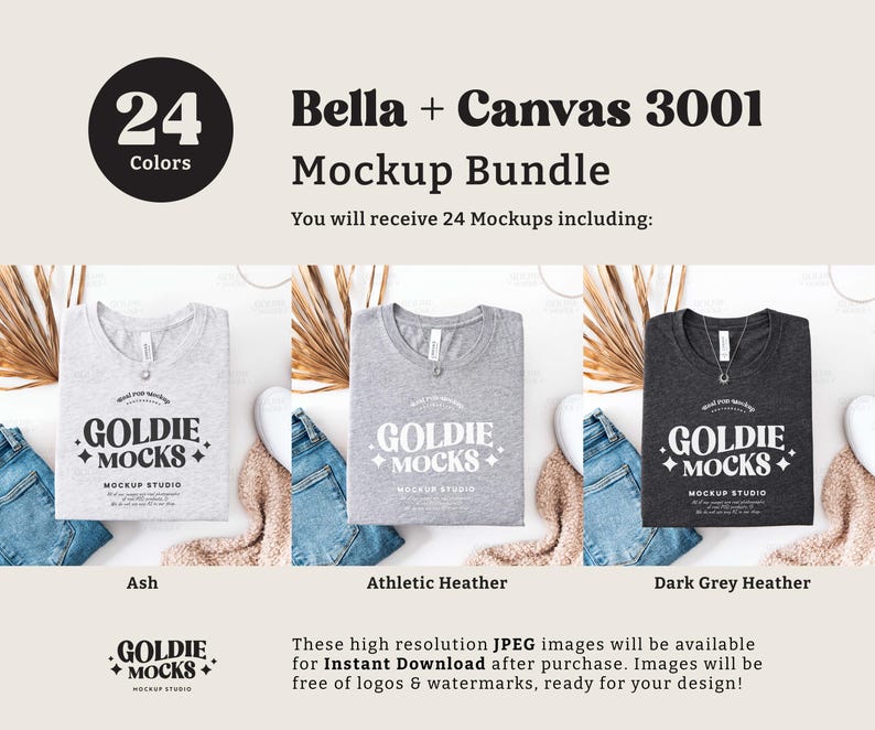 May include: Mockup bundle of 24 Bella + Canvas 3001 t-shirts in various colors. The image shows three t-shirts in the colors Ash, Athletic Heather, and Dark Grey Heather. Each t-shirt has the text "Goldie Mocks" printed on the front.