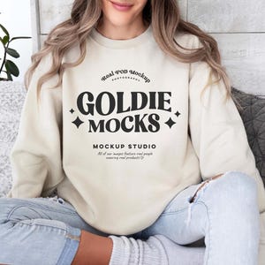 Gildan 18000 Sand Sweatshirt Mockup | G180 Sand Crewneck Mockup | Model Mock | Gildan 18000 | Beige Tan Sweater | Casual Boho Cozy Aesthetic
