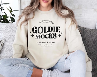 Gildan 18000 Sand Sweatshirt Mockup | G180 Sand Crewneck Mockup | Model Mock | Gildan 18000 | Beige Tan Sweater | Casual Boho Cozy Aesthetic