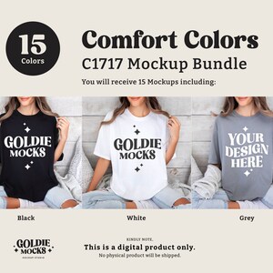 May include: A mockup bundle of 15 t-shirt designs in various colors. The t-shirts feature the text "Goldie Mocks" and "Your Design Here".