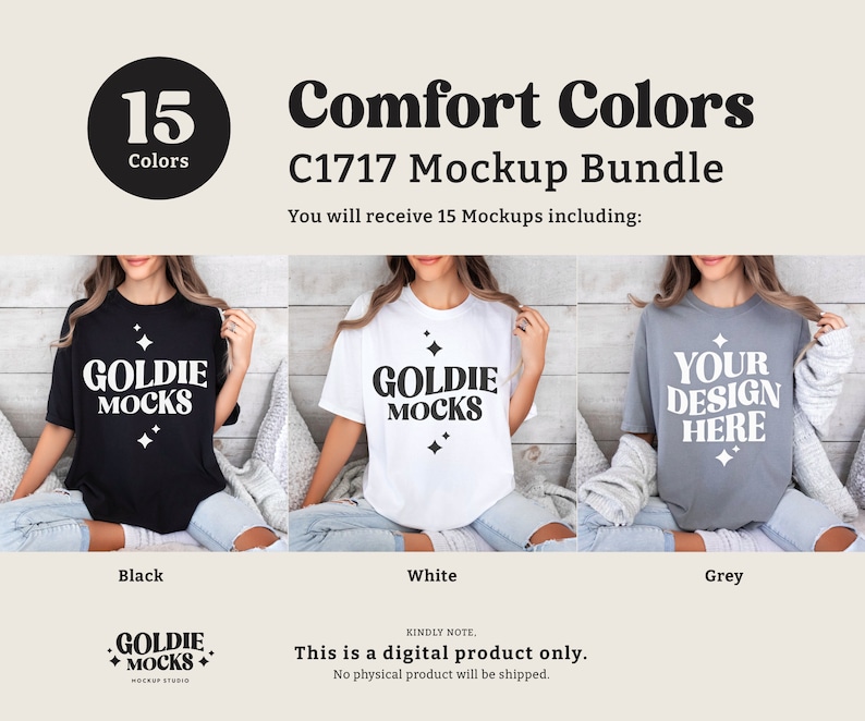 May include: A mockup bundle of 15 t-shirt designs in various colors. The t-shirts feature the text "Goldie Mocks" and "Your Design Here".