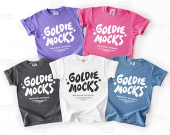 Comfort Colors C9018 Tshirt Group Mockup | 9018 Crunchberry Pepper Violet Blue Jean Youth T-Shirt Mock-up | Trendy Multiple Pink Kids Tee