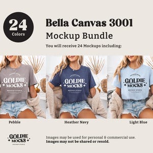 May include: A mockup bundle of 24 Bella Canvas 3001 t-shirts in various colors. The t-shirts are shown on models wearing them. The text "GOLDIE MOCKS" is printed on the front of the t-shirts.