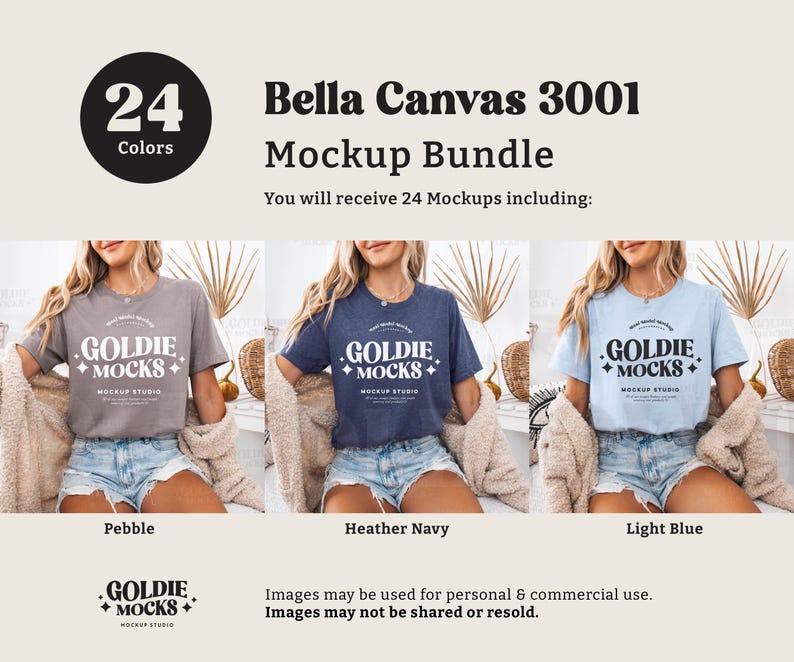 May include: A mockup bundle of 24 Bella Canvas 3001 t-shirts in various colors. The t-shirts are shown on models wearing them. The text "GOLDIE MOCKS" is printed on the front of the t-shirts.