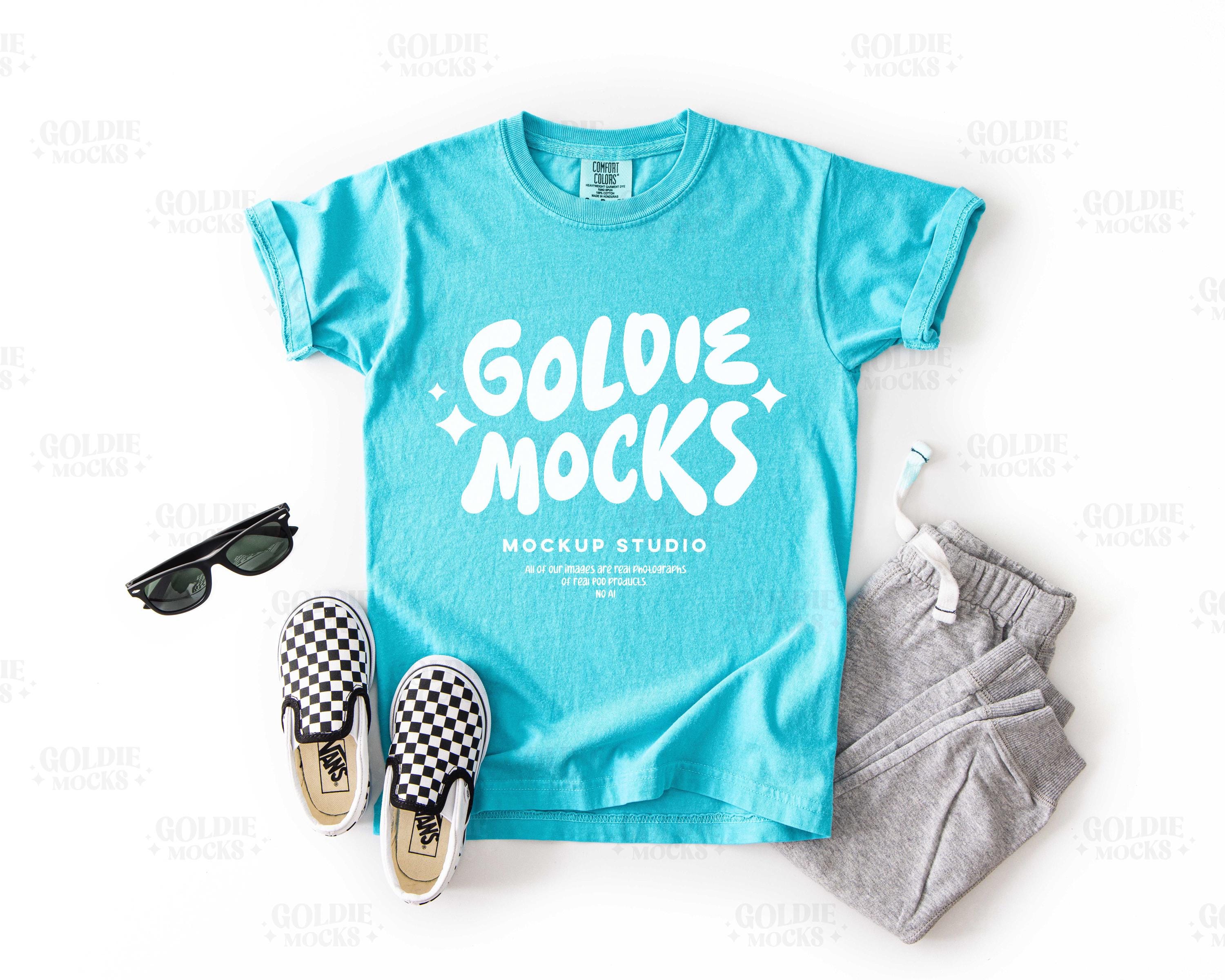 Comfort Colors C9018 Lagoon Tshirt Mockup | 9018 Blue Youth T-Shirt Mockup | Real Product Mock | Trendy Minimal Neutral Styled Kids Shirt
