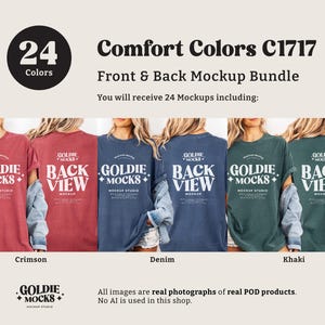 May include: A mockup bundle showcasing Comfort Colors C1717 t-shirts in various colors. The image displays front and back views of the shirts in crimson, denim, and khaki. The text includes "24 Colors" and "Front & Back Mockup Bundle."