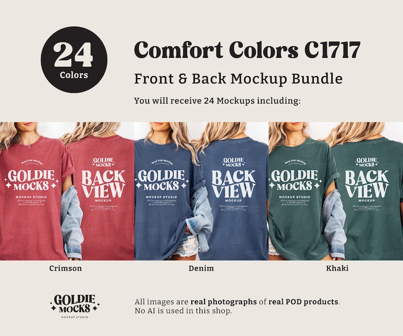 May include: A mockup bundle showcasing Comfort Colors C1717 t-shirts in various colors. The image displays front and back views of the shirts in crimson, denim, and khaki. The text includes "24 Colors" and "Front & Back Mockup Bundle."