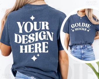 Comfort Colors C1717 Denim Shirt Front & Back Mockup | 1717 Denim Blue T-shirt Front Back Split View Mock-up | Real Model Mock | Minimal