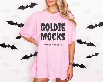 Comfort Colors C1717 Blossom Shirt Mockup | CC 1717 Pink Long Tshirt Mock-up | Real Model Photo | Fun Trendy Girly Fall Halloween Style Tee