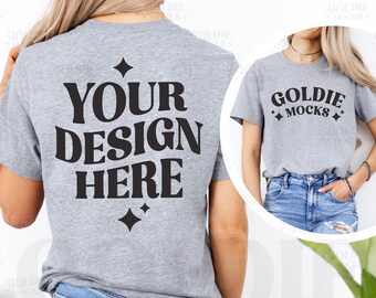 Bella Canvas 3001 Athletic Heather Tshirt Front & Back Mockup | BC 3001 Grey Shirt Front Back View Split Mock-up | Minimal Real Model Mock