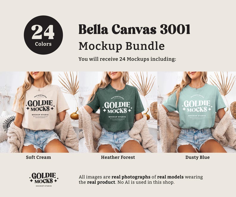 May include: Three women wearing different colored t-shirts with the text "Goldie + Mocks" printed on the front. The t-shirts are in the colors soft cream, heather forest, and dusty blue. The image is a mockup for a t-shirt design.