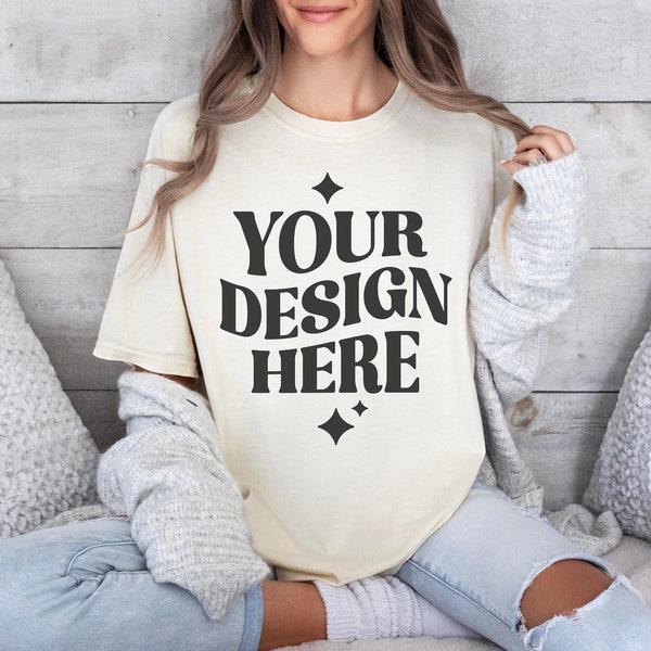 Comfort Colors C1717 Ivory Shirt Mockup | Ivory Tshirt Mockup | Oversized | Real Model Mock | C1717 Ivory | Simple Indoor Lifestyle Mockup