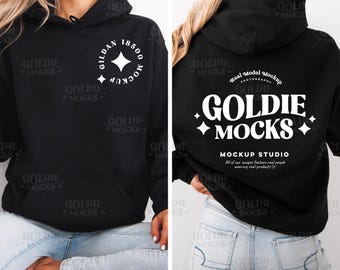 Gildan 18500 Black Hoodie Front & Back Mockup | G185 Black Hooded Sweatshirt Split Mock-up | Real Model Mock | Simple Minimal Dual Back View
