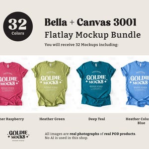 May include: A flat lay mockup bundle of 32 t-shirts in various colors, including heather raspberry, heather green, deep teal, and heather columbia blue. The t-shirts are all Bella + Canvas 3001 and feature the text "GOLDIE + MOCKS" printed on the front.