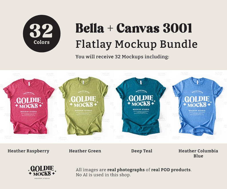May include: A flat lay mockup bundle of 32 t-shirts in various colors, including heather raspberry, heather green, deep teal, and heather columbia blue. The t-shirts are all Bella + Canvas 3001 and feature the text "GOLDIE + MOCKS" printed on the front.