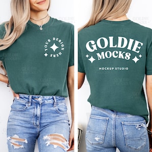 Comfort Colors C1717 Blue Spruce Shirt Front & Back Mockup | 1717 Green T-shirt Front Back Split Mock-up | Trendy Minimal Real Model Mock
