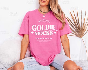 Gildan 64000 Azalea Tshirt Mockup | Long Untucked G640 Pink Shirt Mock | Real Model Photo | Simple Minimal Neutral Trendy Boho Aesthetic Tee