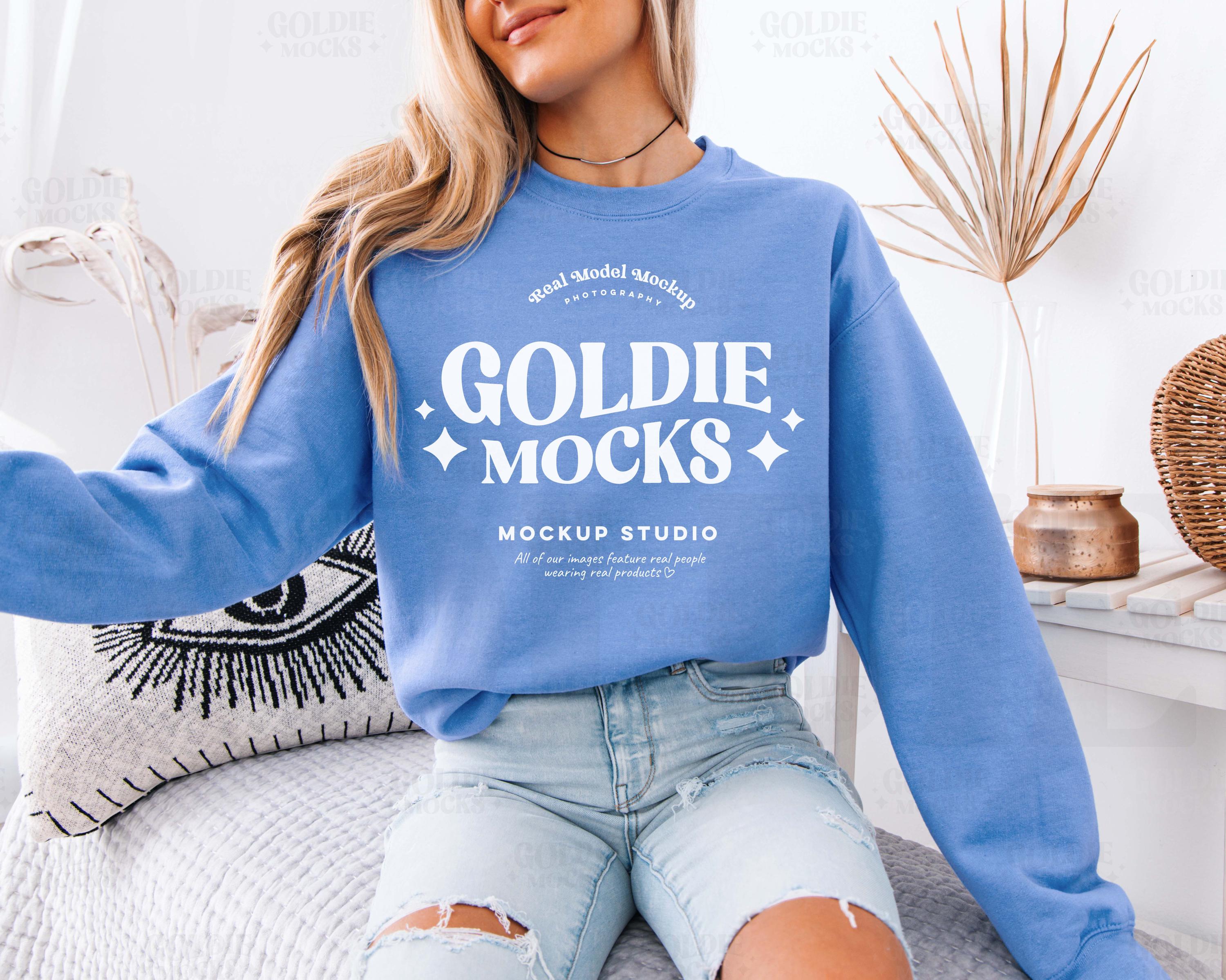 Gildan 18000 Carolina Blue Sweatshirt Mockup | G180 Blue Crewneck