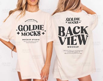 Comfort Colors C1717 Ivory Front & Back Shirt Mockup | 1717 Ivory T-shirt Back View Mock-up | Real Model | Trendy Neutral Dual View Photo
