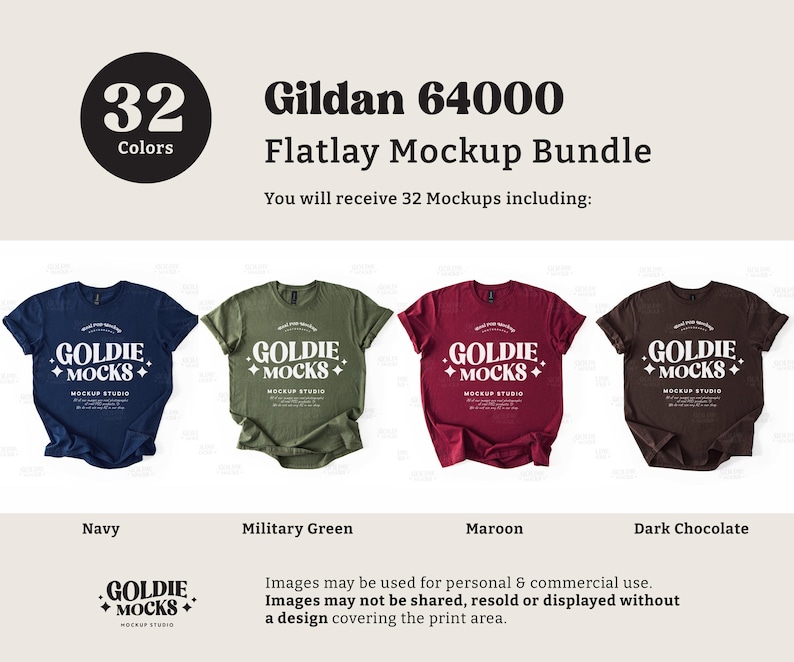 Op de afbeelding: Een flatlay mockup-bundel met 32 Gildan 64000 T-shirts in vier kleuren: marine, legergroen, bordeauxrood en donkerbruin. De shirts liggen plat op een wit oppervlak. De tekst "GOLDIE MOCKS" is op elk shirt gedrukt.