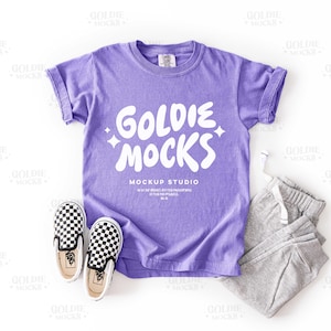 Comfort Colors C9018 Violet Tshirt Mockup | 9018 Purple Youth T-Shirt Mockup | Real Product Mock | Trendy Minimal Neutral Styled Kids Shirt