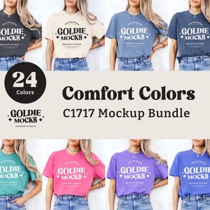 Puede incluir: Un paquete de maquetas de 24 camisetas de diferentes colores con el texto "Goldie + Mocks" en blanco. Las camisetas se muestran en modelos con diferentes tonos de piel y colores de cabello. El texto "Comfort Colors C1717 Mockup Bundle" se muestra debajo de las camisetas.
