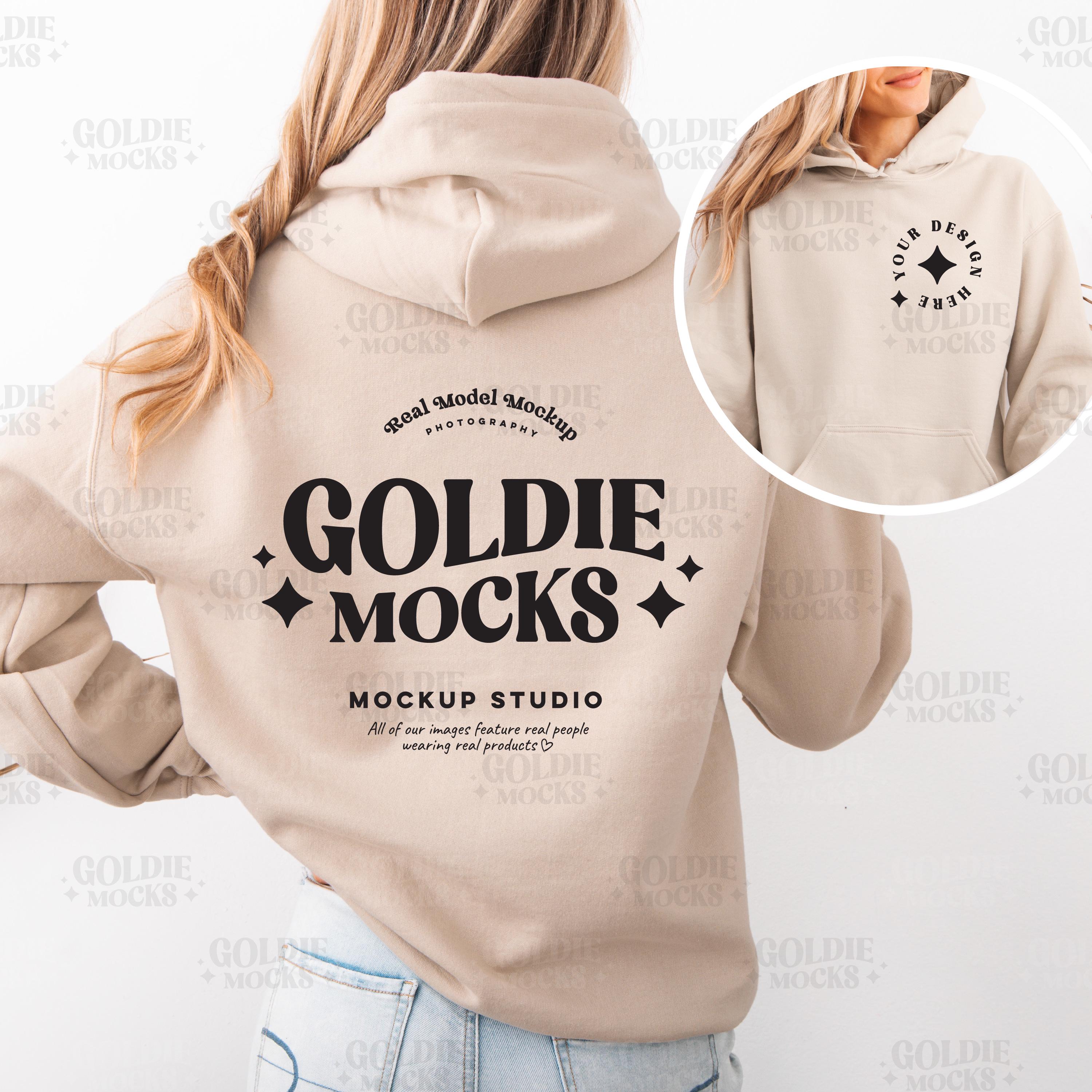 Gildan 18500 Sand Hoodie Front & Back Mockup | G185 Sand Beige Hooded Sweatshirt Split Mockup | Real Model Mock | Simple Minimal Dual Back