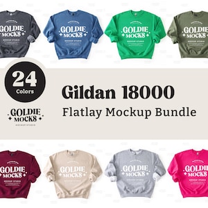 Può includere: Un set di mockup di felpe con collo a girocollo Gildan 18000 in flatlay, in 24 colori diversi. Le felpe sono disposte su uno sfondo bianco. Il testo "GOLDIE MOCKS" è stampato su ogni felpa.