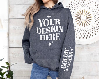 Gildan 18500 Dark Heather Hoodie Sleeve Mockup | G185 Grey Hooded Sweatshirt Arm | Model Mock | Gildan 185 Grey Hoodie Sleeve | Simple Mock