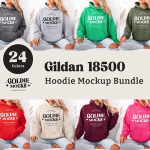 May include: A mockup bundle of 24 different colored Gildan 18500 hoodies. The hoodies are shown on models wearing them. The text "GOLDIE + MOCKS + MOCKUP STUDIO" is on the hoodies.
