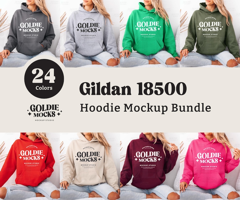 Puede incluir: Un paquete de maquetas de 24 sudaderas con capucha Gildan 18500 de diferentes colores. Las sudaderas con capucha se muestran en modelos que las llevan puestas. El texto "GOLDIE + MOCKS + MOCKUP STUDIO" est&aacute; en las sudaderas con capucha.
