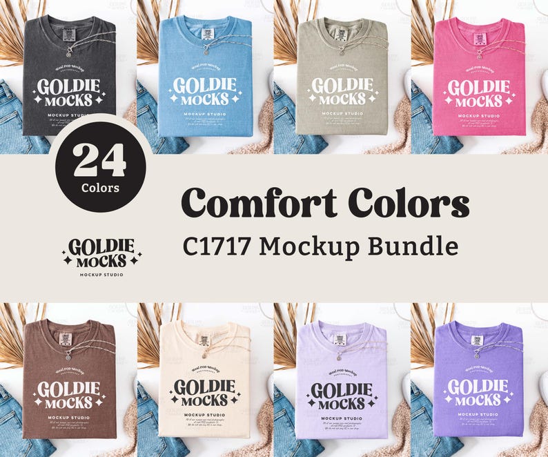 May include: A mockup bundle of 24 different colored t-shirts, all with the same design. The design features the text "GOLDIE +MOCKS+" in white on a black background. The text is centered on the shirt and is surrounded by a white border. The shirts are laid out on a white surface with a variety of textures, including wood, fabric, and denim.
