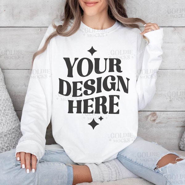 Comfort Colors C6014 White Longsleeve Shirt Mockup | White Longsleeve Mockup | Real Model Mock | C6014 Shirt | Simple Neutral Aesthetic Mock