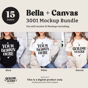 May include: Mockup bundle of 15 t-shirt designs in black, white, and natural colors. The t-shirts feature the text "Your Design Here" and "Goldie Mocks".