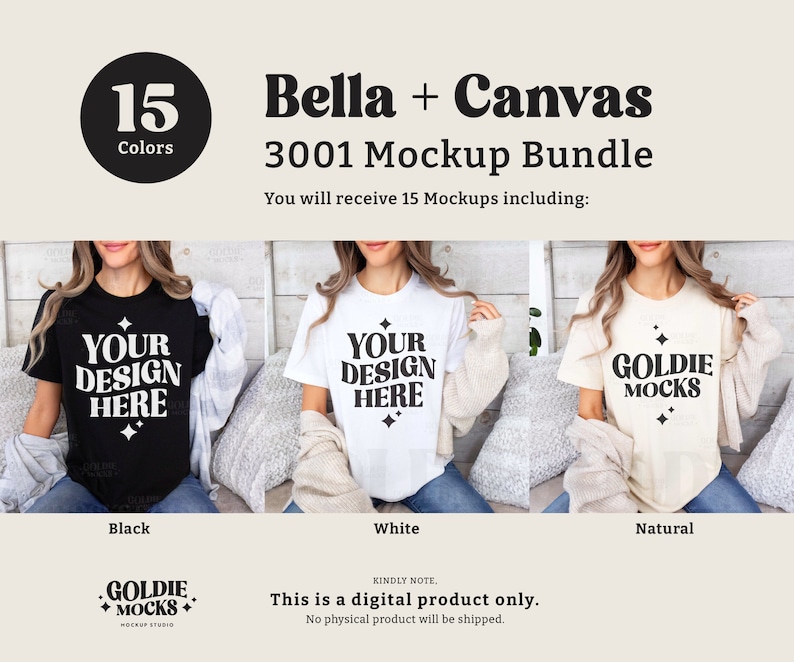 May include: Mockup bundle of 15 t-shirt designs in black, white, and natural colors. The t-shirts feature the text "Your Design Here" and "Goldie Mocks".