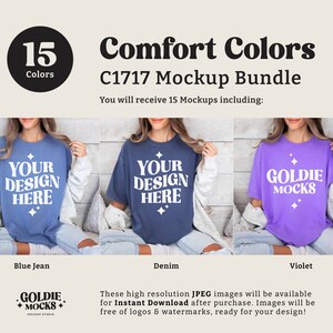 May include: A mockup bundle of 15 t-shirt designs in various colors, including blue jean, denim, and violet. The shirts feature the text "Your Design Here" and "Goldie Mocks".