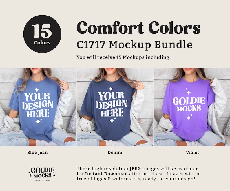 May include: A mockup bundle of 15 t-shirt designs in various colors, including blue jean, denim, and violet. The shirts feature the text "Your Design Here" and "Goldie Mocks".