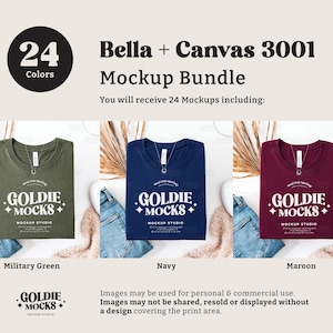 May include: Mockup of three Bella + Canvas 3001 t-shirts in different colors: military green, navy, and maroon. Each shirt has the text "GOLDIE MOCKS + MOCKUP STUDIO" printed on the front.