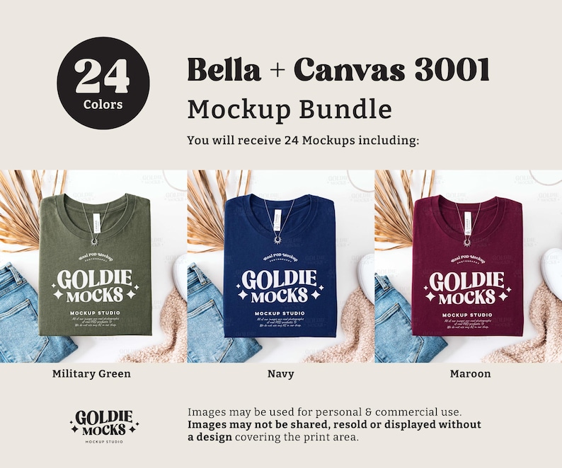 May include: Mockup of three Bella + Canvas 3001 t-shirts in different colors: military green, navy, and maroon. Each shirt has the text "GOLDIE MOCKS + MOCKUP STUDIO" printed on the front.