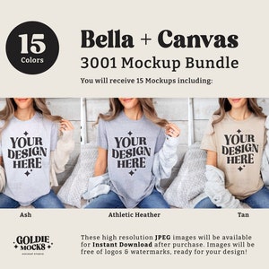 May include: Mockup bundle of 15 Bella + Canvas 3001 t-shirts in various colors. The t-shirts are shown on models wearing them. The text "Your Design Here" is printed on the front of each t-shirt. The colors shown are Ash, Athletic Heather, and Tan.