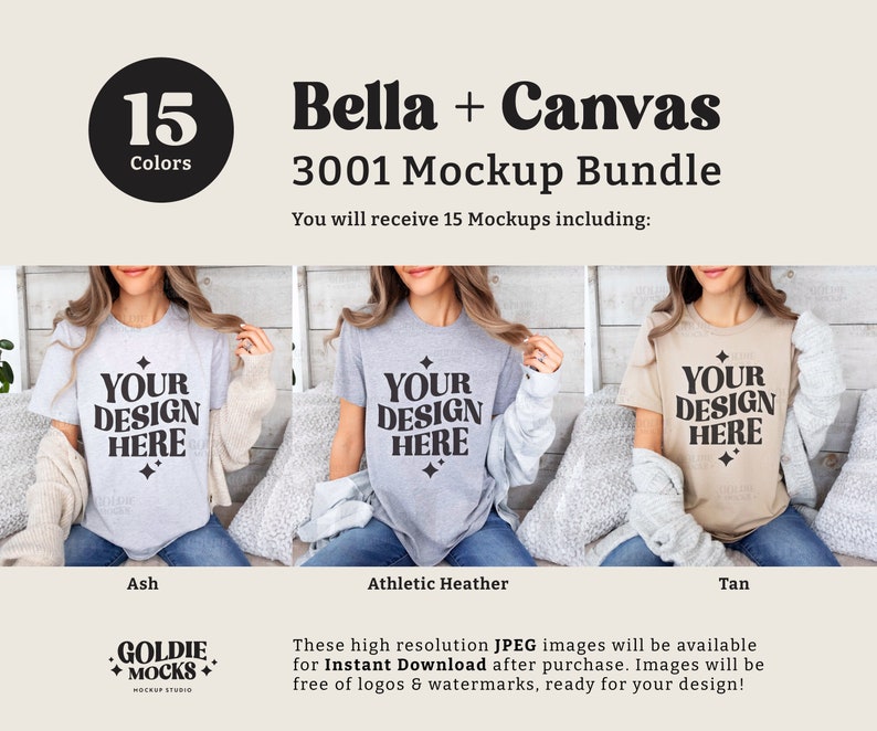 May include: Mockup bundle of 15 Bella + Canvas 3001 t-shirts in various colors. The t-shirts are shown on models wearing them. The text "Your Design Here" is printed on the front of each t-shirt. The colors shown are Ash, Athletic Heather, and Tan.