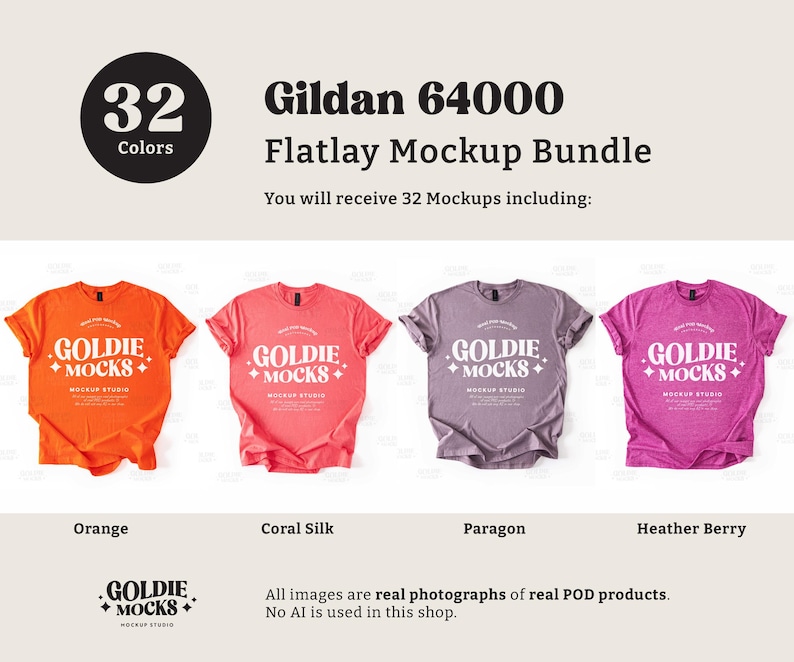 Op de afbeelding: Een flatlay mockup-bundel met 32 Gildan 64000 T-shirts in verschillende kleuren, waaronder oranje, koraal zijde, paragon en heidebes. De shirts hebben de tekst "Goldie Mocks" op de voorkant.