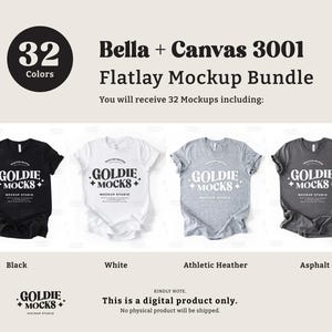 May include: A mockup bundle of 32 t-shirt designs featuring a black, white, heather gray, and asphalt Bella + Canvas 3001 t-shirt. The t-shirts feature a graphic design with the text "GOLDIE MOCKS" in a retro font.