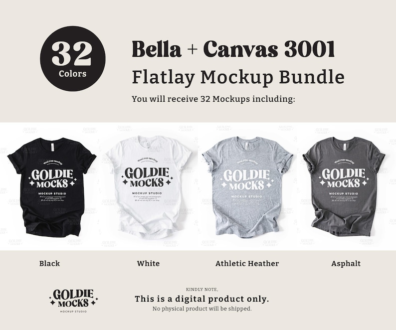 May include: A mockup bundle of 32 t-shirt designs featuring a black, white, heather gray, and asphalt Bella + Canvas 3001 t-shirt. The t-shirts feature a graphic design with the text "GOLDIE MOCKS" in a retro font.