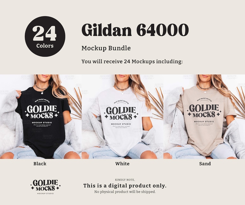 May include: A mockup bundle featuring Gildan 64000 t-shirts in black, white, and sand colors. The shirts display the "GOLDIE MOCKS" logo. The image includes text indicating 24 colors and that it is a digital product.