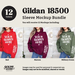 May include: A mockup bundle of 12 Gildan 18500 hoodies in various colors, including red, maroon, and military green. The hoodies feature a text overlay that says "Your Design Here".