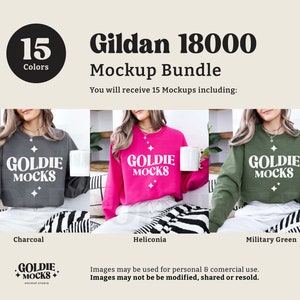 May include: Mockup bundle of 15 Gildan 18000 sweatshirts in various colours. The sweatshirts are cropped and feature the text "Goldie Mocks" in a retro font. The colours shown are charcoal, heliconia, and military green.